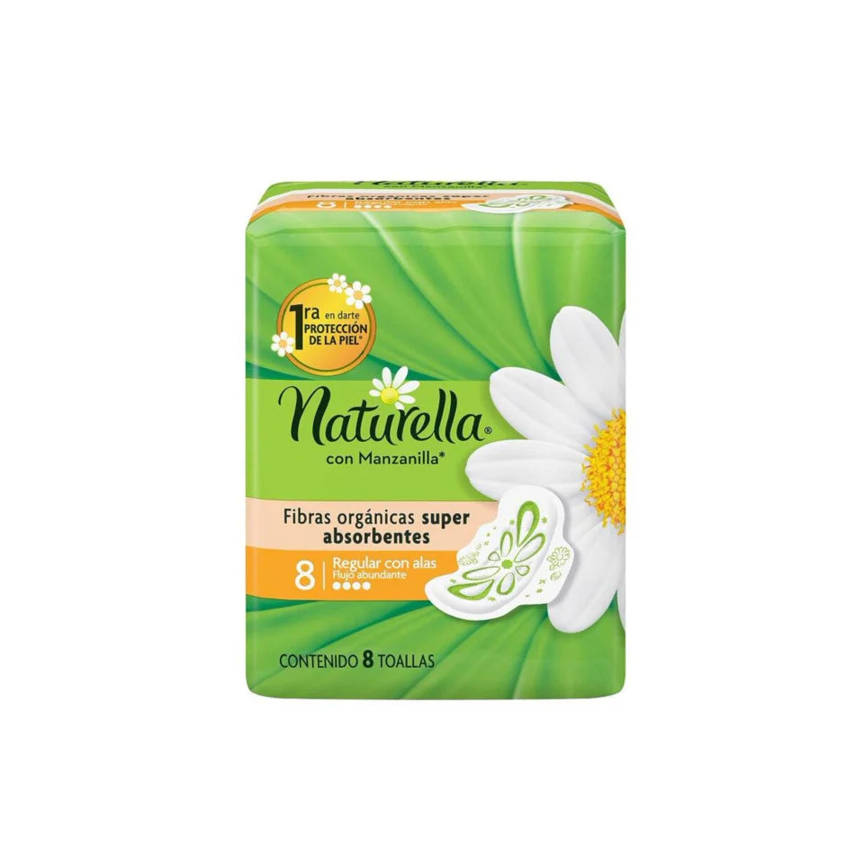 Toalla Femenina Naturella Manzanilla Regular Con Alas 8 Piezas